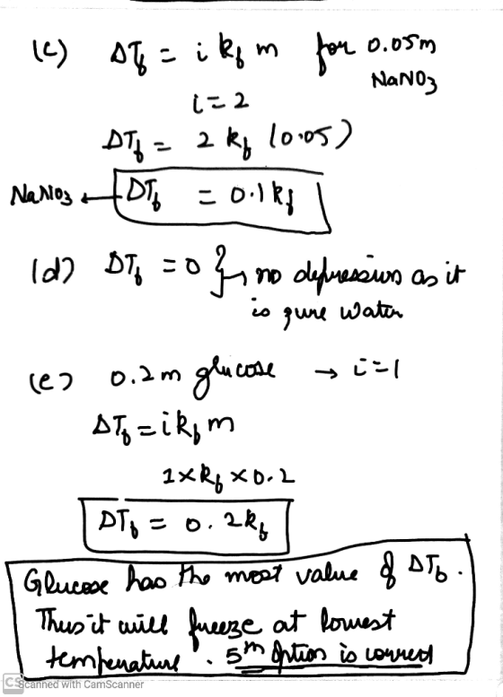 (C) of=ikom for 0.05m 1-2 NaNO3 - DIf = 2 kq 10:05) Narios a lot = 0.1ko i (d) DIG = 0 }, no depressius as it is qure Water (
