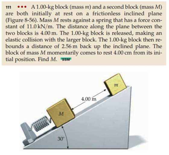 111 ·.. A 1.00-kg block (mass m) and a second block (mass M) are both initially at rest on a frictionless inclined plane (Figure 8-56). Mass M rests against a spring that has a force con- stant of 11.0 kN/m. The distance along the plane between the two blocks is 4.00 m. The 1.00-kg block is released, making an elastic collision with the larger block. The 1.00-kg block then re- bounds a distance of 2.56 m back up the inclined plane. The block of mass M momentarily comes to rest 4.00 cm from its ini tial position. Find M. SSM 1m 4.00 m 30°