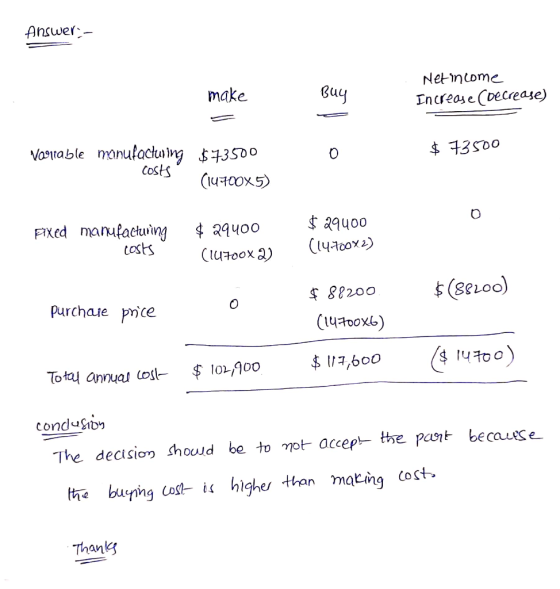 Answer - make Buy Net income Increase (Decrease) Variable manufacturing $73500 0 $73500 costs (14.700x5) Fixed manufacturing