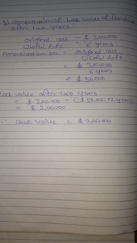 Pranchise 3) Computation of book value of franch. after two years original cost - $ 300,000 Useful life - 6 years Amortisatio