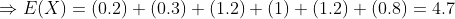 E(X)=(0.2)(0.3)(1.2)(1)(1.2) (0.8) 4.7