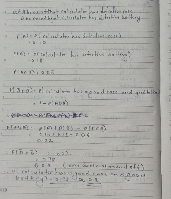 8 Let A becurnt that calculator has difective case oto B be event that coliulator has defective baftery. 9 10 P(A) = P ( calc