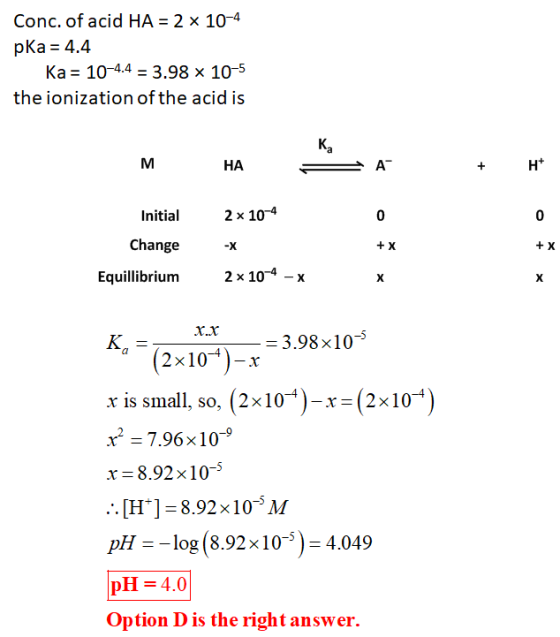 Conc. of acid HA = 2 x 10-4 pka = 4.4 Ka = 10-4.4 = 3.98 x 10-5 the ionization of the acid is м НА A Initial 2 x 10-4 Change