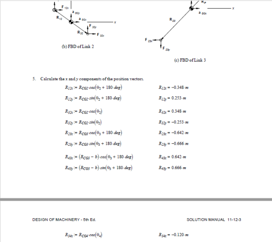 R2 -F32 (6) FBD of Link 2 (FBD of Link 3 5. Calculate the x and y components of the position vectors. R2x = RCG2.cos(02 + 180