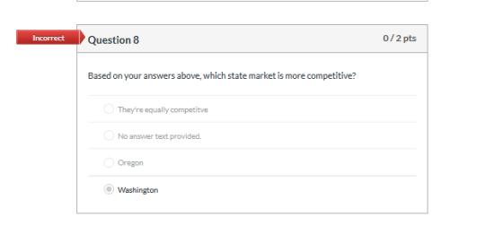 Incorrect Question 8 0/2 pts Based on your answers above, which state market is more competitive? Theyre equally competitve