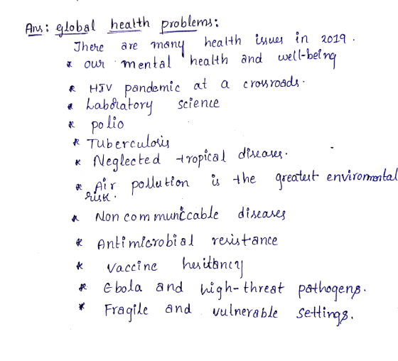 Ans: global health problems: There are many health issues in 2019 - * our mental health and well-being Re HIV pandemic at a
