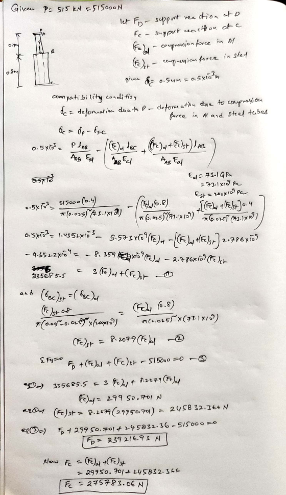 Given p=515 kN = 515oooN let Fy- support OY reaction at o Fo- support neaction of c Falla comprension force in of (Fe) s t -