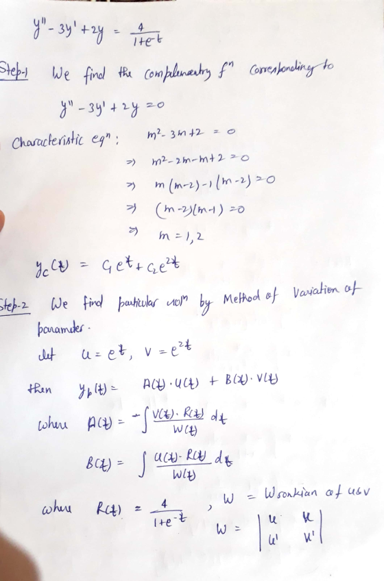 y*- sy+yte Het Steps We find the compelenantry of Correnfonding to Я - 39 + -3 Characteristic egn: m²-3m+2 zo m2-2m-mt 2 z