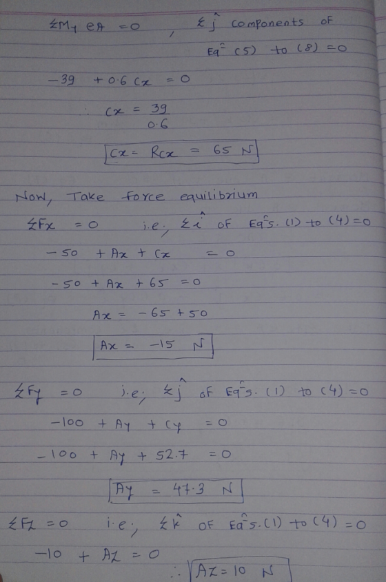 of i components M4 eA 0 / Ea C5)to (8) -o 39 + 0.6 Cx Cx = 39 65 N Cx-Rex FoYce equilibzium Now, Take ie ti oF Eas. D to (4)-