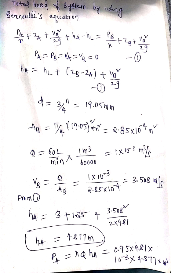 Total head of system by using Bernoullis equation PASI ZA + Un Ly thahe = PB + Zgt va Pa = Pg= VA = Vo = 0 - 0 has h4+ (29-2