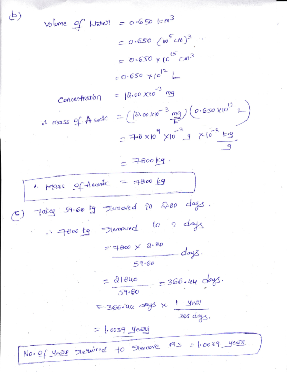 Vokome of WateN o.6So m3 s0.650 10 cm)3 Cm3 O.650 -3 la.00 Xto mg Concentranion mg a mass of A senic 3 78 x1oXlo 7800 kg 800