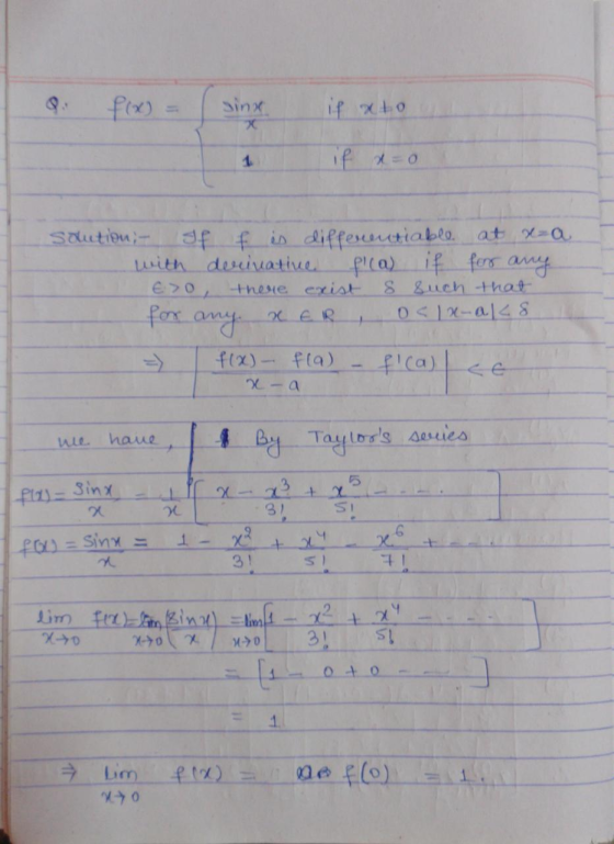 f(x) sinx if xto 1 if x=0 solution;- of f is differentiable at xa with derivative pica) if for any E>0, there exist s such th