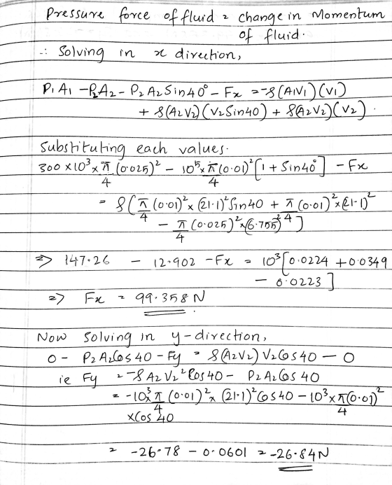 pressure force of fluid a change in momentum of fluid. - Solving in a direction, PIAI - PA2-P2 A2 Sin 40° - Fx 3-8 (AND) (V)