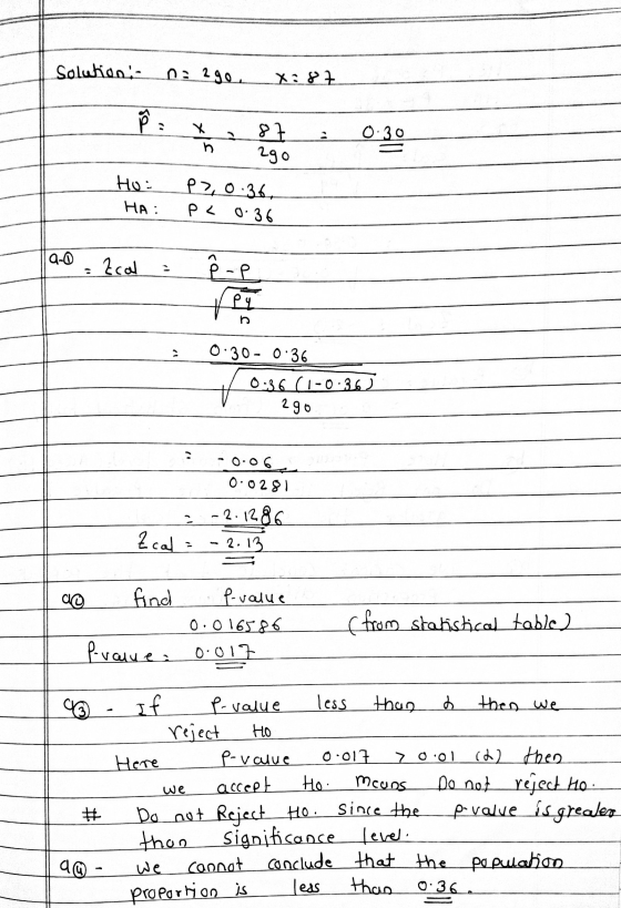 Solutions no 290 X:87 P : X 287 : 0:30 2go Ho: P7, 0.36. HA: P < 0.36 lao Tao - Ecal = ².p. 0.30- 0:36 0:36 (1-0-26) 2go -0.0