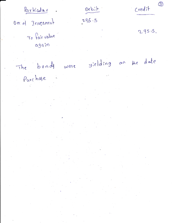 Debit . Credit 295.5 Particular . Dec ol Invesment . To fair value 295.5, again yielding on the date The bonds were Purchase