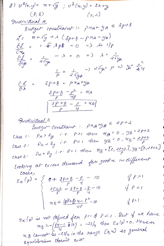 8.) Uf(x, y) = xetry ; 03 (s, y) = fx+y (8,8) (2,2) Individual A - Budget constraint : phat yA Esp+8 X = at ry + (Spr&-pra-ya