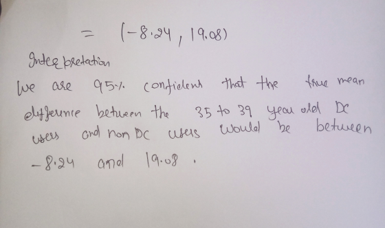 1-8.24, 19.08) Inteę pretation We are 95% confielent that the true mean difference between the 35 to 39 year old be and non D