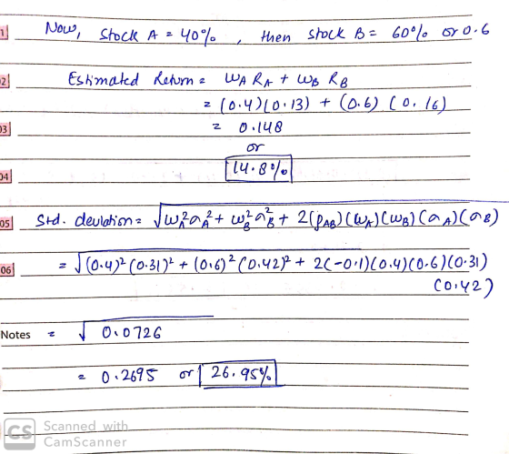 I now stock A z 40% , then stock B = 60% ono 2. Estimated Returna WARAT WB RB .. 210.420113) + (0.6).CO. 16) _ 2 0.148 3 _ bi