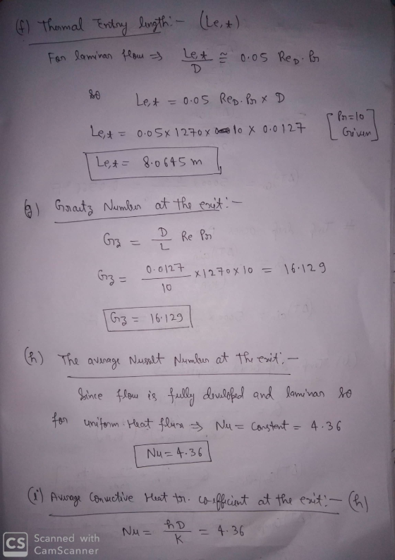 (f) Thermal Entry length (Le,t) For laminan flow of Let ~ 0.05 Rep. Por Let = 0.05 Red. Por xD L2,4 = 0.05x1270x se to X 0.01