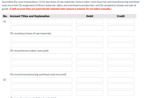 Journalize the June transactions: (1) for purchase of raw materials, factory labor costs incurred, and manufacturing overhead