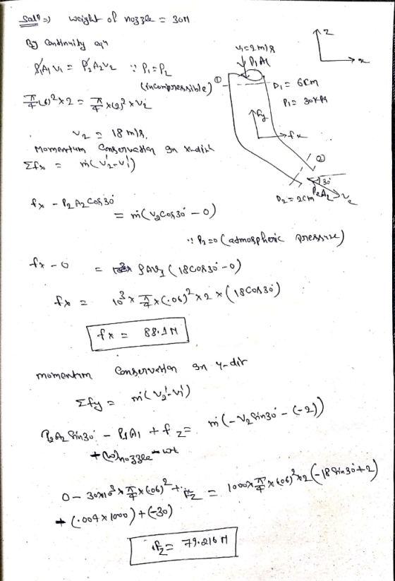 4,52m) sall) weight of nozzle = 300 By continuity aqu Sana Parzve a lishe (incomprensible) 7 26 ²x2 = x Qlxvį . - = 60m Pia 3