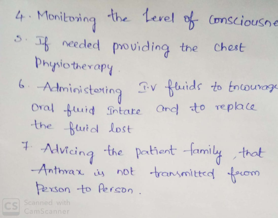 4. Monitoring the level of consciousne s. If needed providing the chest Physiotherapy 6. Administering av fluids to Encourage