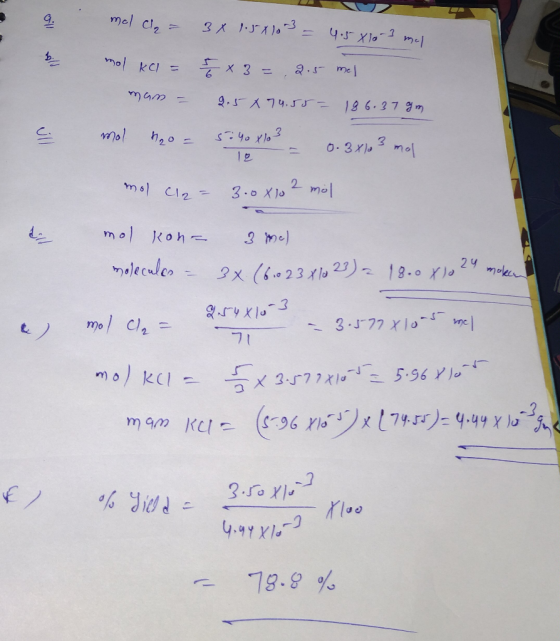 mel Cle 3x 1.JA10= 4.5 X10 m l 17 mo kCI 3 .s me 9.5A74.5T 186.379m mol 3 0.3X10m0 2 mol 3.0 X10 2 me) mol Koh- 2 4 moke 18.0