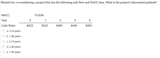 Masulis Inc. is considering a project that has the following cash flow and WACC data. What is the projects discounted paybac