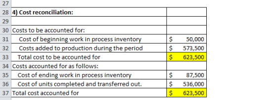 28 4) Cost reconciliation: 29 30 Costs to be accounted for: 31 Cost of beginning work in process inventory 32 Costs added to