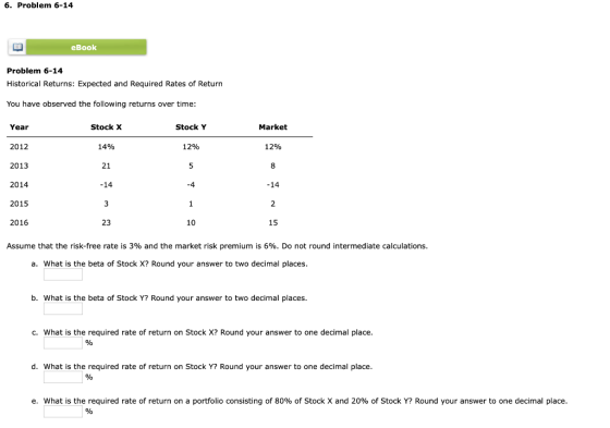 6. Problem 6-14 eBook Problem 6-14 Historical Returns: Expected and Required Rates of Return You have observed the following