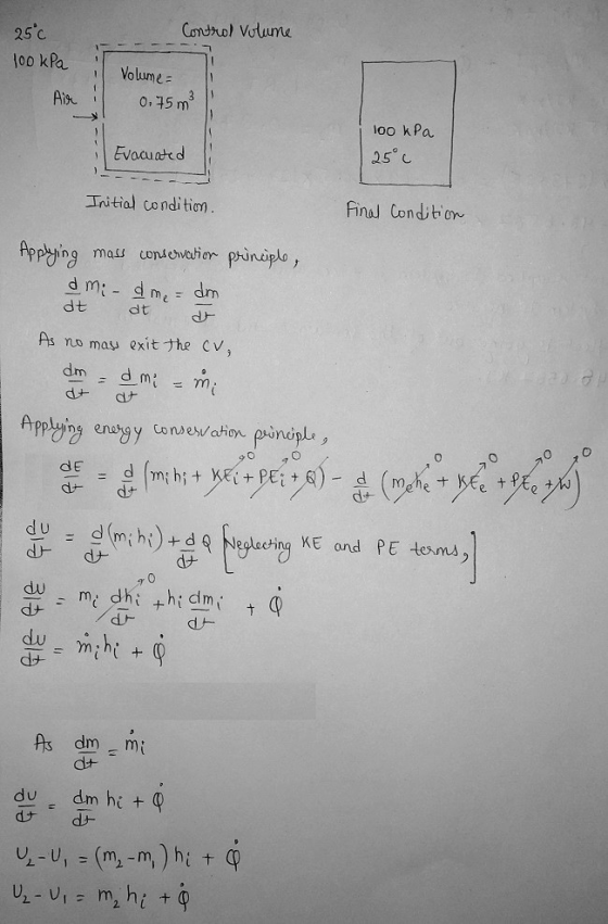 25°C Control Volume 100 kPa Volume 0.75 m² Air 100 kPa Evacuated 25°c Initial condition. Final Condition Applying mass conser