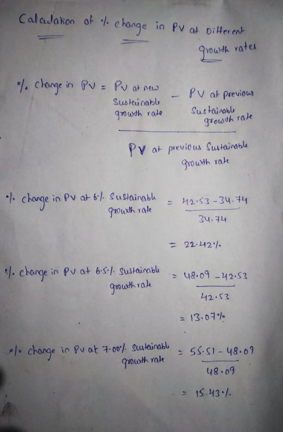 Calcudakon of change in PV at Dilter ent growth rates % change in PV = Pu at new PV at previous Sustainable Sustainable growt