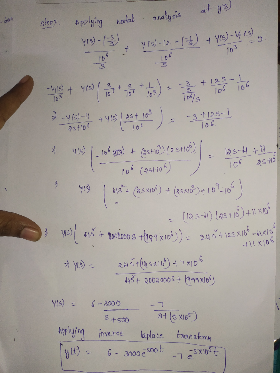 at yls) son step3. analysis Applying nodal y (3) - (2) + y(s) - 12 - () + Yes) - Ves) 103 6 10 106 -Vis) Yes 3 10 S +1 100 lo