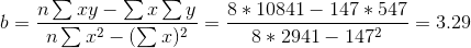 b = \frac{n\sum xy-\sum x\sum y}{n\sum x^2-(\sum x)^2} = \frac{8*10841-147*547}{8*2941-147^2} = 3.29