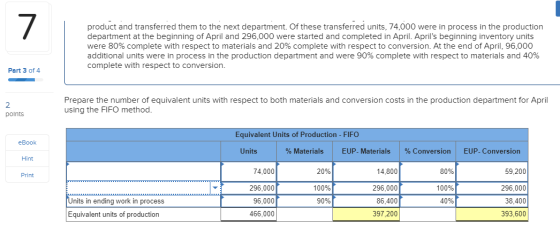 product and transferred them to the next department. Of these transferred units, 74,000 were in process in the production dep