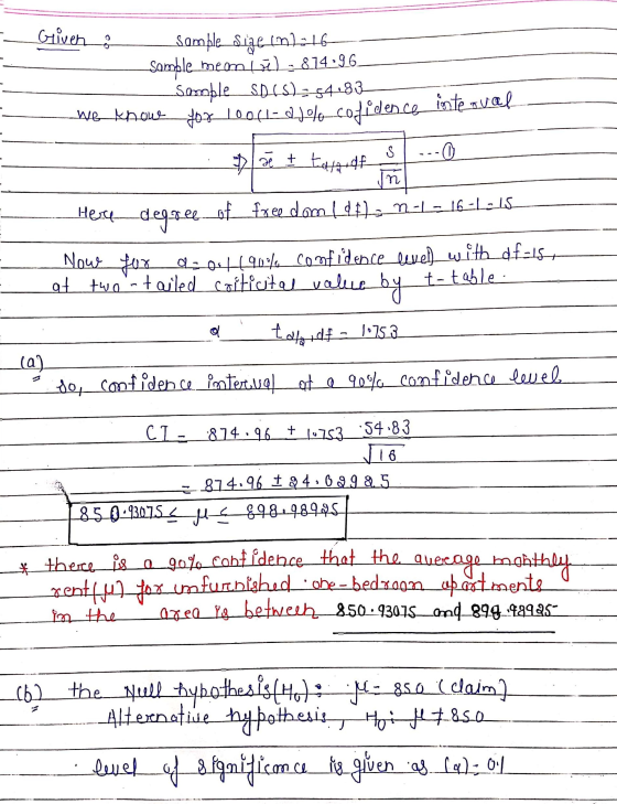 Griven Sample size enl:+6 Sample meam la 874•96. Samble SD65)3-54.83 We know yox 100c1-98% cofidence interval S -0 a t talard
