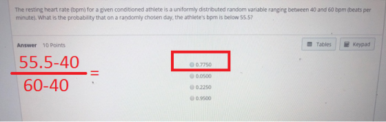 The resting heart rate (bpm) for a given conditioned athlete is a uniformly distributed random variable ranging between 40 an