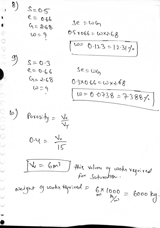 S=0.5 e=0.66 G=2.68 se zog 0.58066= w x2.68 w = 0.123 = 12.31% $=0.3 e=0.66 G=2-68 seawg 0.3X0 66 = WX2.68 I w=0.0738=7-388%