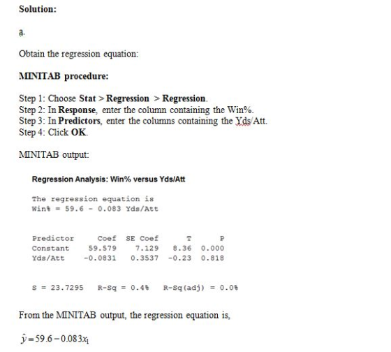 Solution: Obtain the regression equation: MINITAB procedure: Step 1: Choose Stat > Regression > Regression. Step 2: In Respon