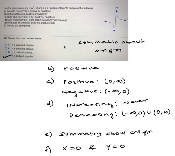 Use the given graph of y ax, where n is a nonzero integer to complete the following. (a) Is n odd or even? Is n positive or