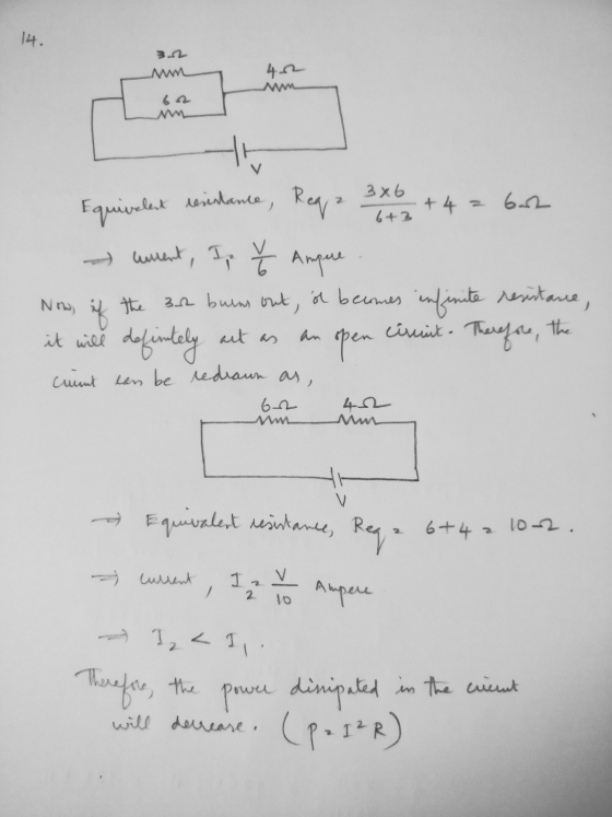 14. mm w 3x6 6+3 Ho Equivalent resistance, Reqa + 4 = bar - unent, I. Ť Ampere the 32 burns out, it becomes infinite resistan