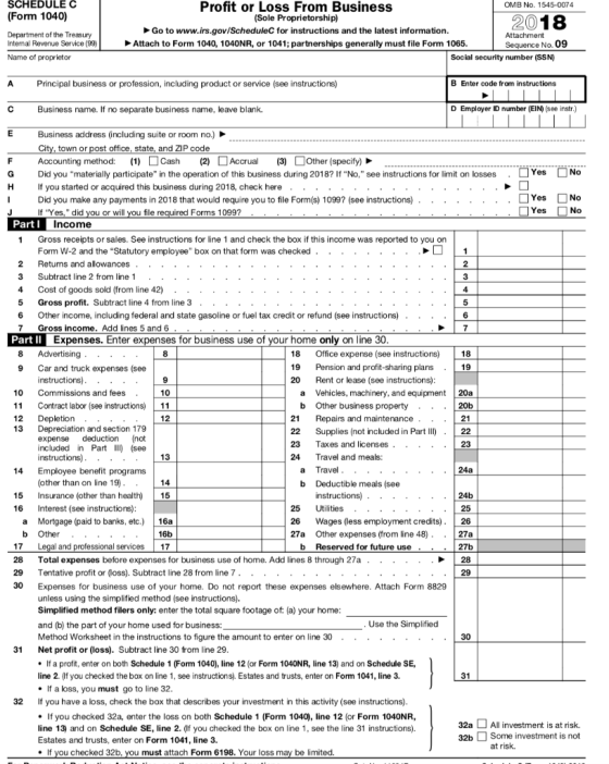 SCHEDULE C Profit or Loss From Business (Sole Proprietorship) Go to www.irs.gov/ScheduleC for instructions and the latest inf