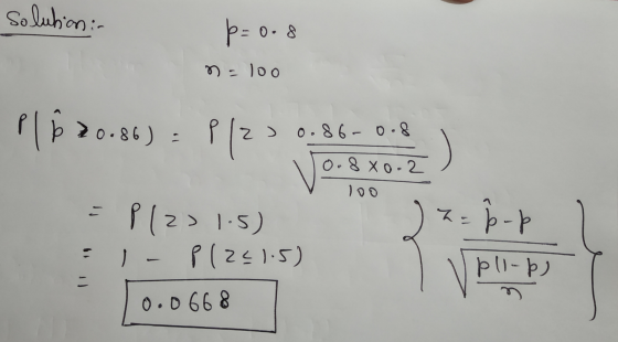 solution in Þ= 0.8 n=100 PI b 20.86) - plz Plzs 0.86-0.8 0.8 80.2 ho þ-p Plzo > 1.5) 1 - P(231:5) pll-b) 0.0668