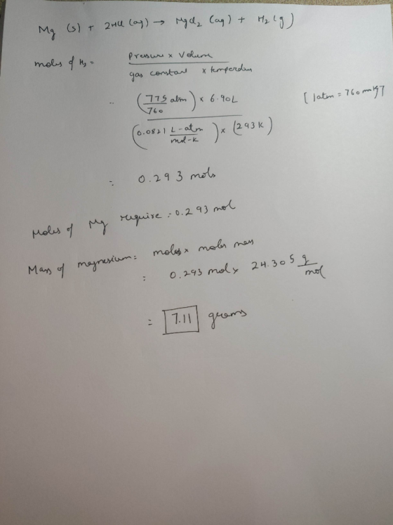 2Hu lo) Myd, Cay) + H2 Presur x v lum mols xfmperdan gas censtant 779 abm < 6.90L ( atm-760m 760 ) 2৭3) 6.08) L-at mod-k 0.29
