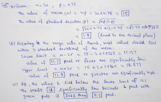 Sol cay Given n=20 1 p=0.75 fo the The value of mean (M = np = 20x0.75 -115 The value of standard deviation of -rox0.75*(1-0