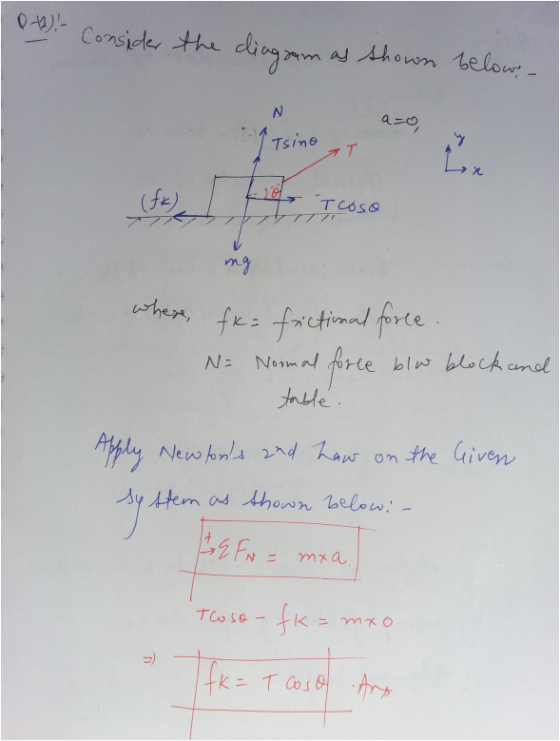 0 +2)!- Consider the diagram as shown below! N a=o, Tsino T Lex (عے گر) Tcoso + ng where, fx= fictional force. Normal force