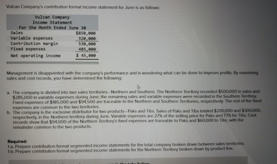 Vulcan Companys contribution format income statement for June is as follows: Vulcan Company Income Statement For the Month E