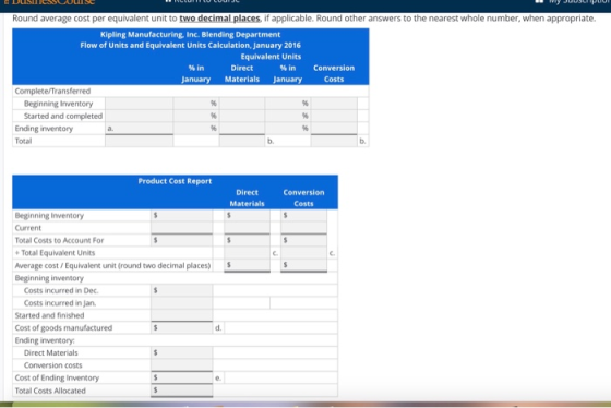Round average cost per equivalent unit to two decimal places, if applicable. Round other answers to the nearest whole number,