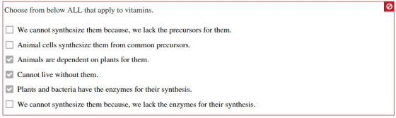 Choose from below ALL that apply to vitamins. We cannot synthesize them because, we lack the precursors for them. Animal cell