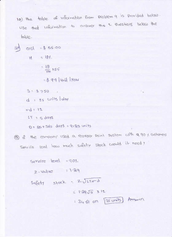 10) the table of information from use that information to answer Problem q is provided belao. the a questions below the table